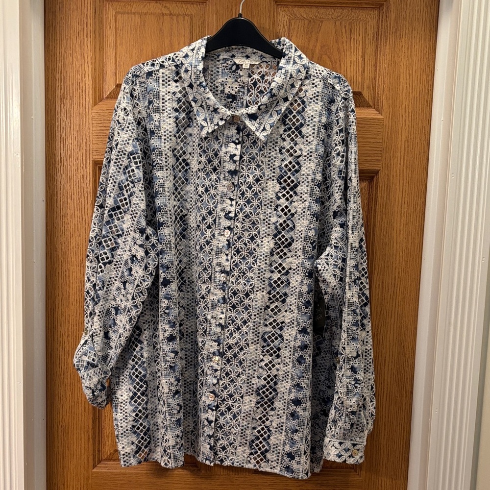 John Mark Blue and White Lace Detail Top